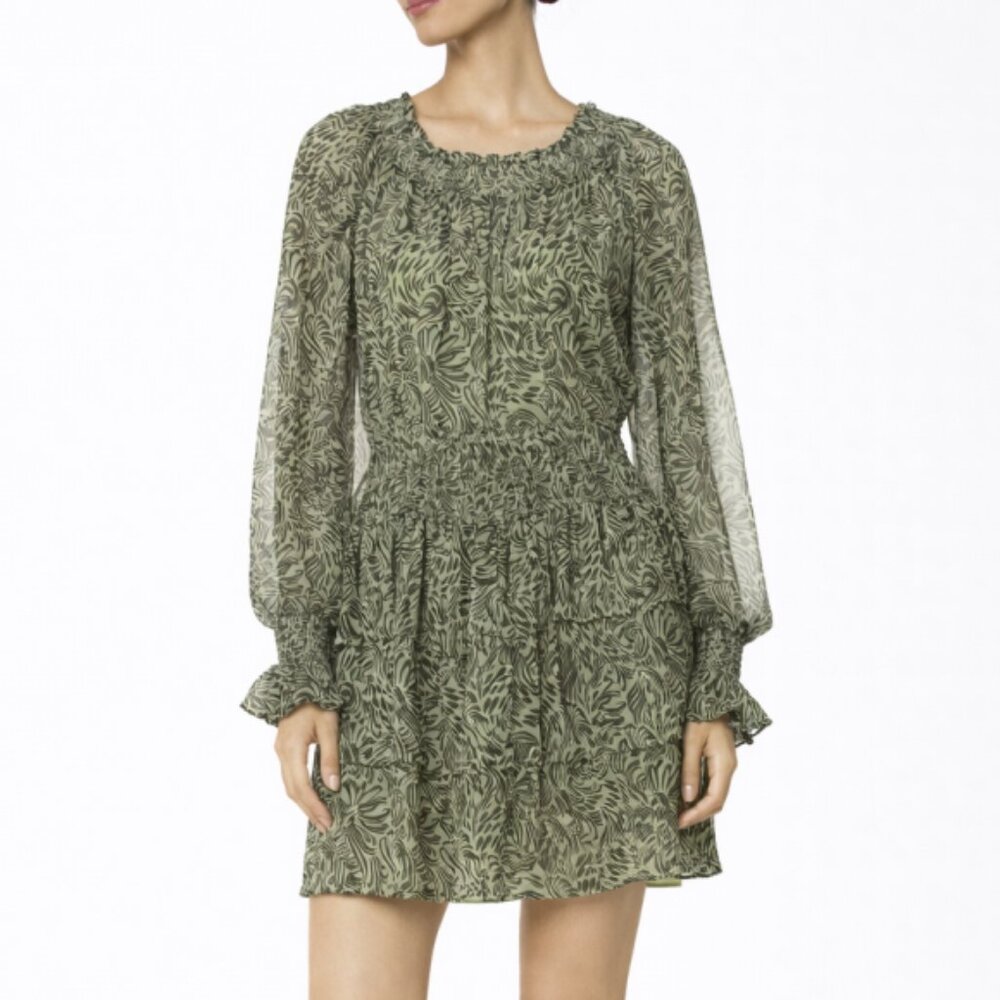 CINQ À SEPT 'Janelle' Printed-Chiffon Tiered Mini-Dress, Meadow Green/Black
